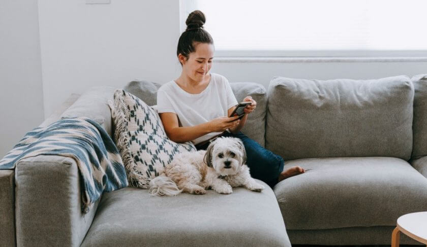 A woman wearing jeans and a white top and her small fluffy dog sit on a gray sectional. She is looking at her phone screen and smiling.