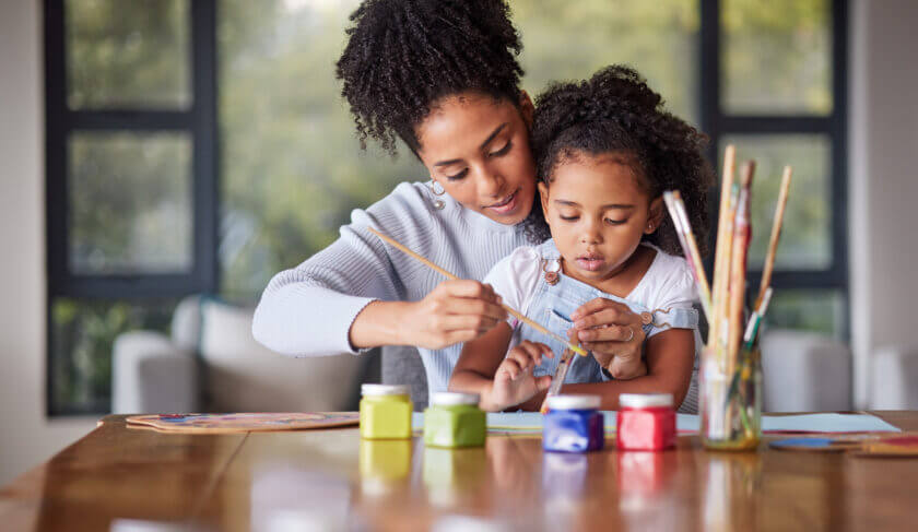 Mother and child painting for an art preschool project at a kitchen table. This article discusses public school alternatives