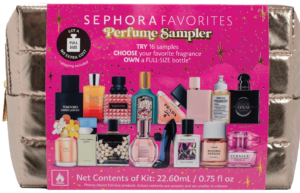 This is an image of a metallic bag from Sephora with pictures of perfume bottles on the front.