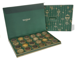 This is a photo of a green box, filled with 24 different types of tea.